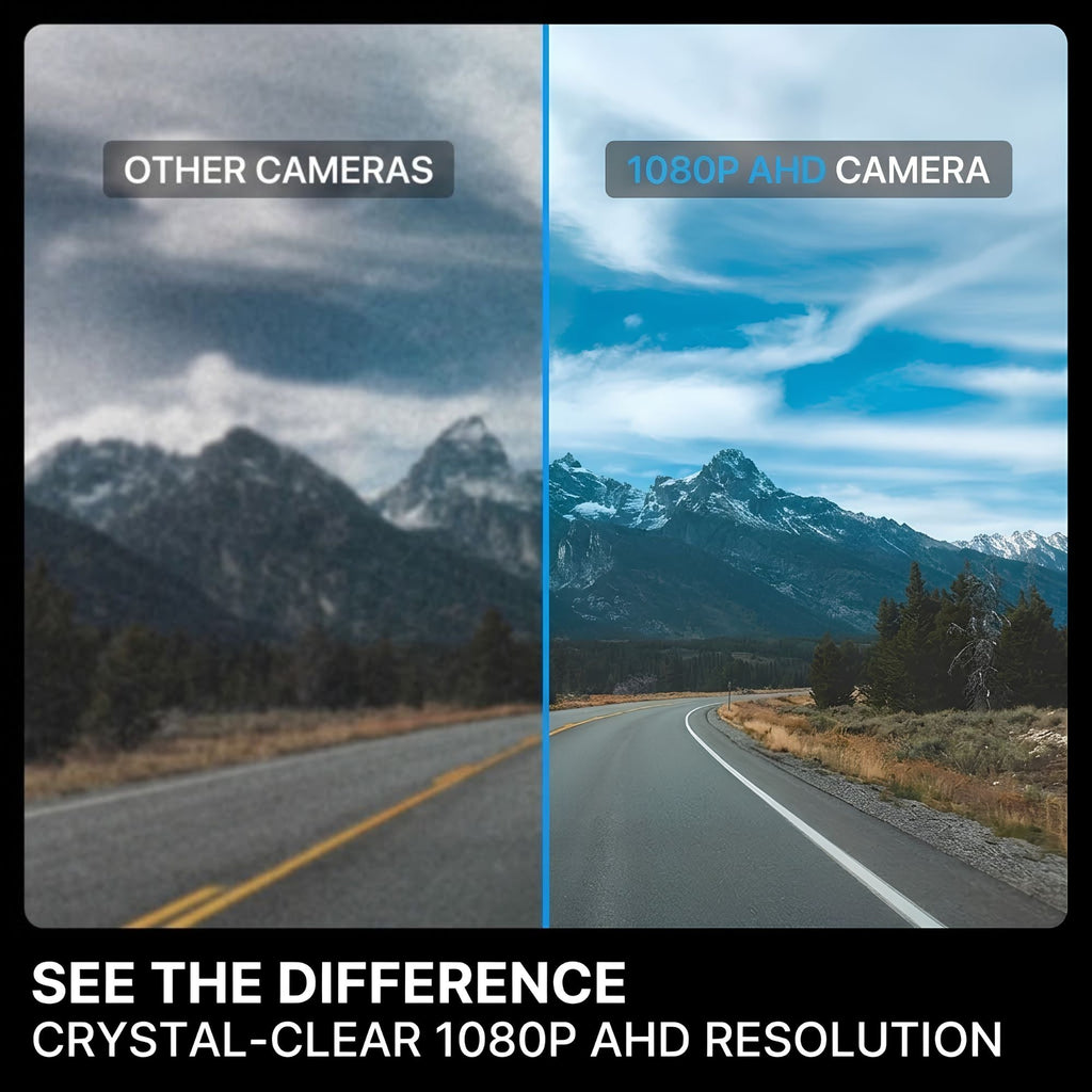 A promotional comparison graphic showing a mountain road scene split down the middle, with the left side labeled 'OTHER CAMERAS' in a darker, less detailed photo and the right side labeled '1080P AHD CAMERA' in a brighter, clearer photo. Text at the bottom reads 'SEE THE DIFFERENCE CRYSTAL-CLEAR 1080P AHD RESOLUTION.