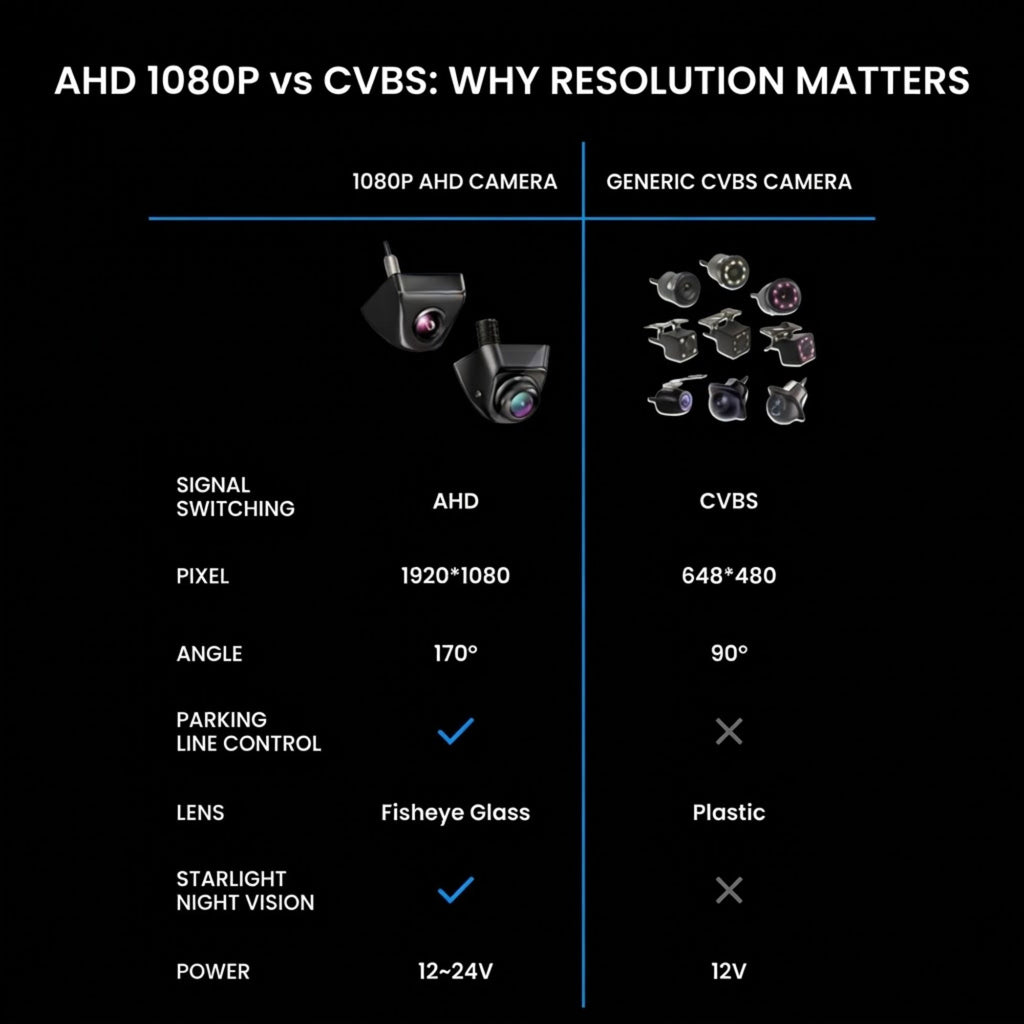 A comparison infographic on a black background comparing AHD 1080P camera features with generic CVBS cameras, including pixel resolution, angle, parking line control, lens type, and power requirements.