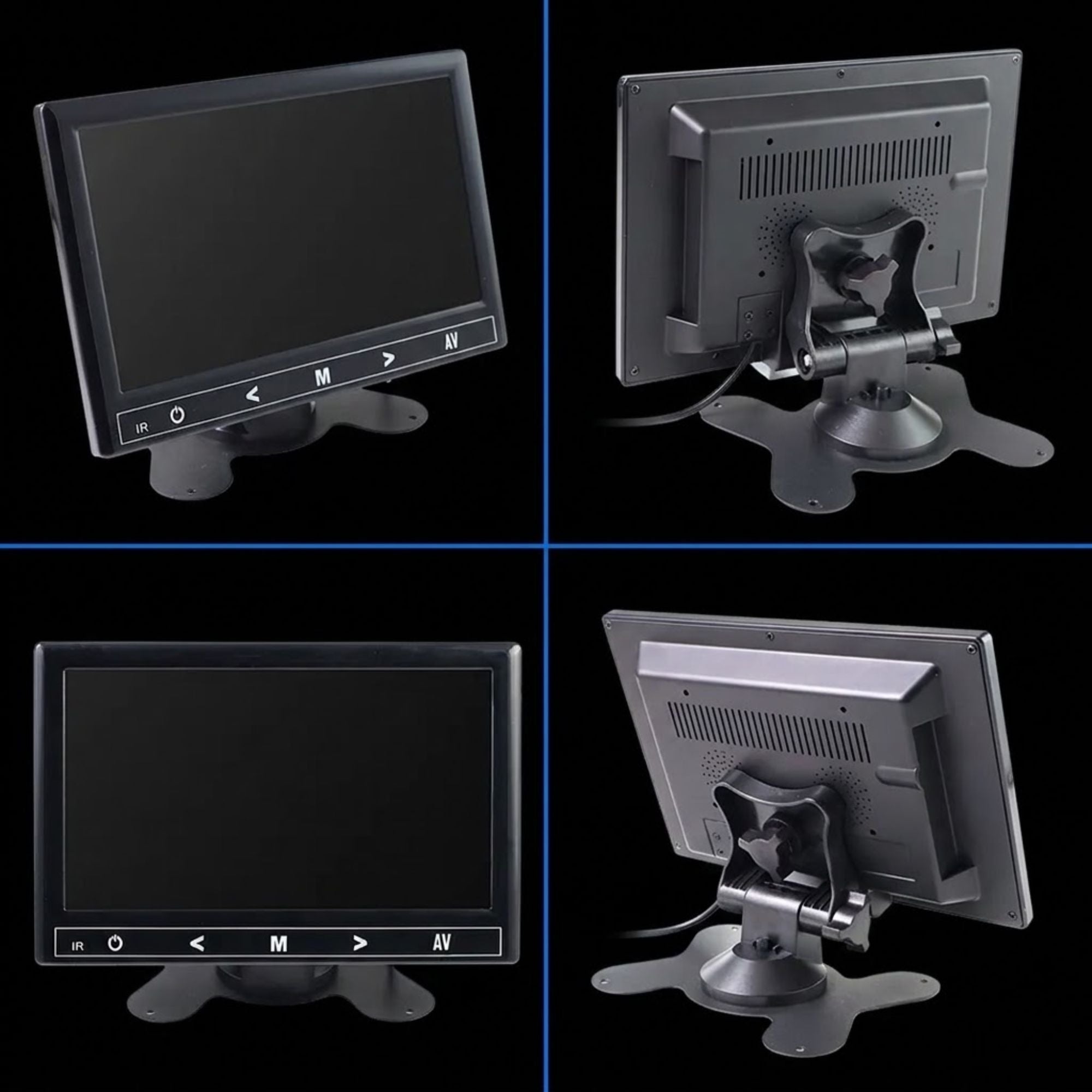 A 4-panel product collage showing a black digital monitor from multiple angles: front-left, front-back, back, and back-angle view. The monitor has a glossy black screen with white control icons along the bottom bezel, mounted on a silver and black adjustable bracket with a star-shaped base, set against a solid black background.