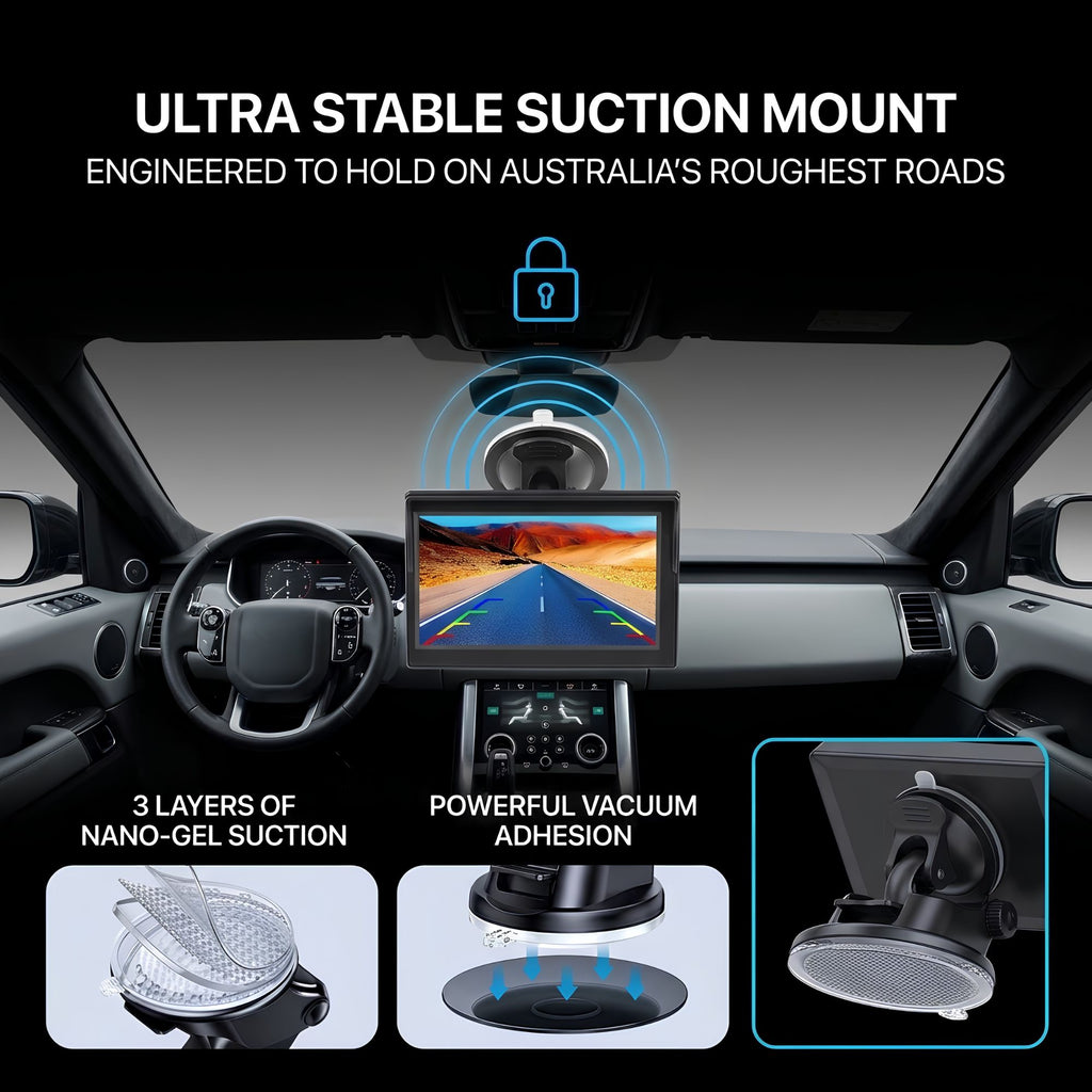 Car windshield suction mount shown installed above a touchscreen display inside a vehicle cabin, with marketing text reading 'ULTRA STABLE SUCTION MOUNT' and feature callouts about nano-gel suction and vacuum adhesion.