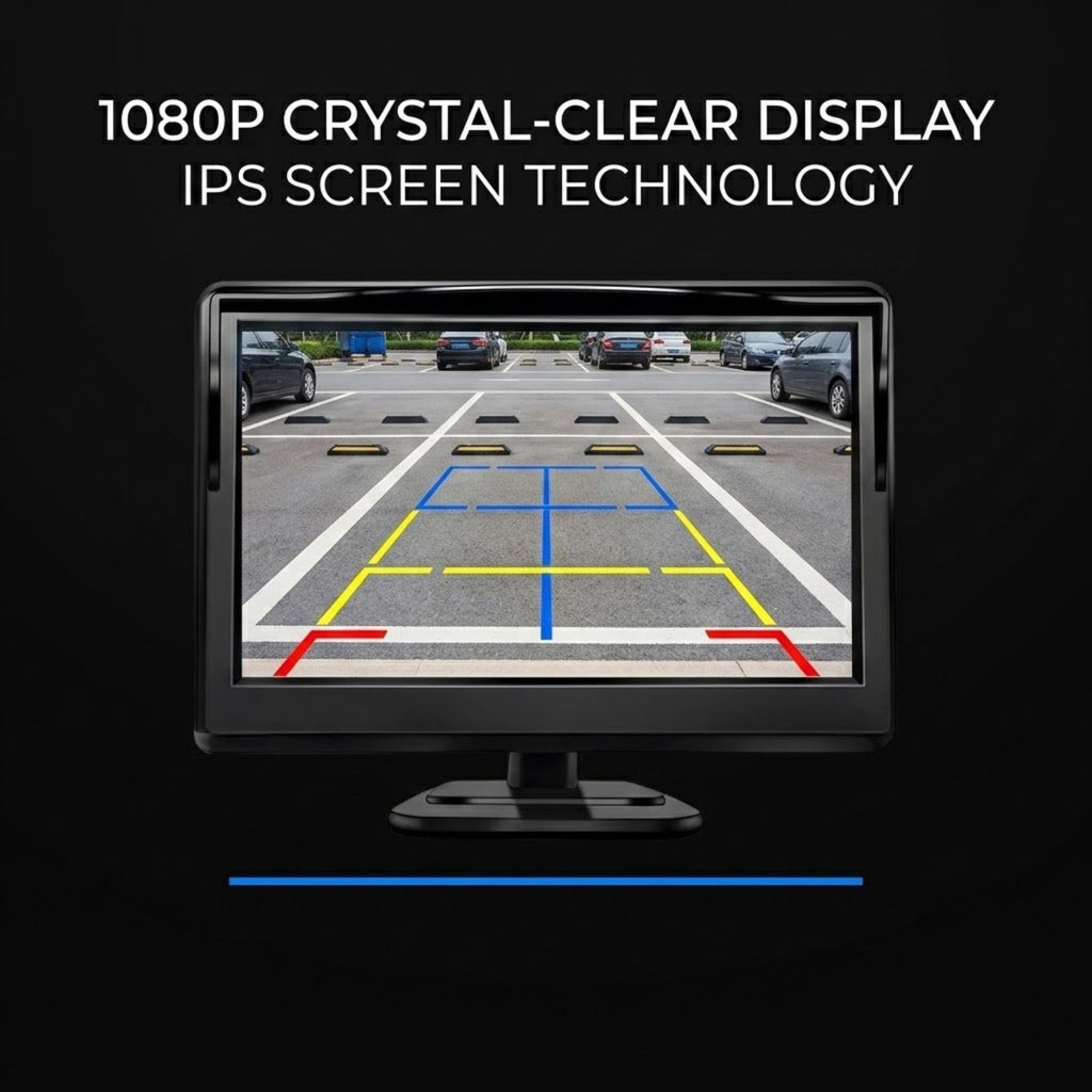 A black computer monitor displaying a parking-lot backup view with colored guide lines, set on a black background with the text '1080P CRYSTAL-CLEAR DISPLAY IPS SCREEN TECHNOLOGY' above it.
