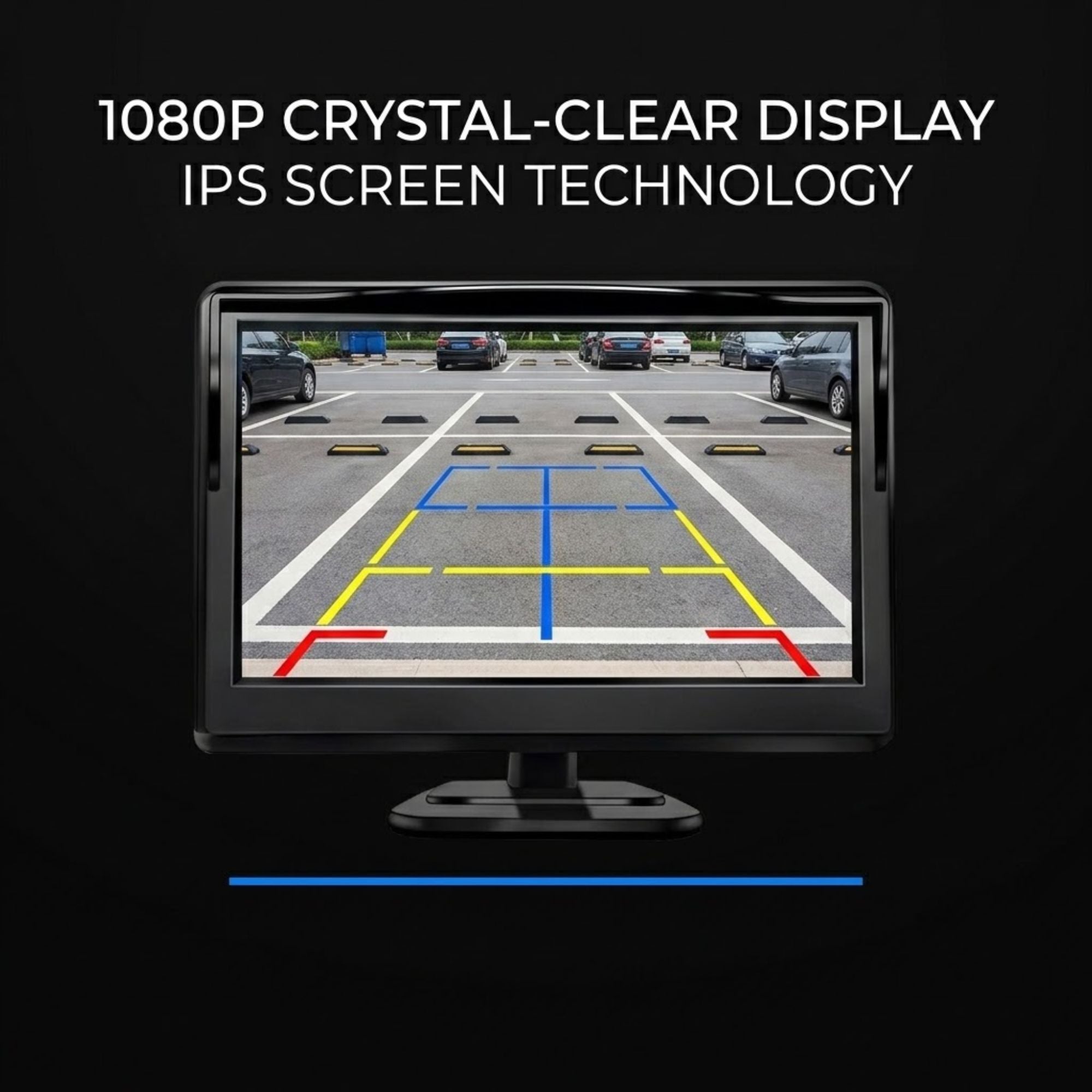A black computer monitor displaying a parking-lot backup view with colored guide lines, set on a black background with the text '1080P CRYSTAL-CLEAR DISPLAY IPS SCREEN TECHNOLOGY' above it.