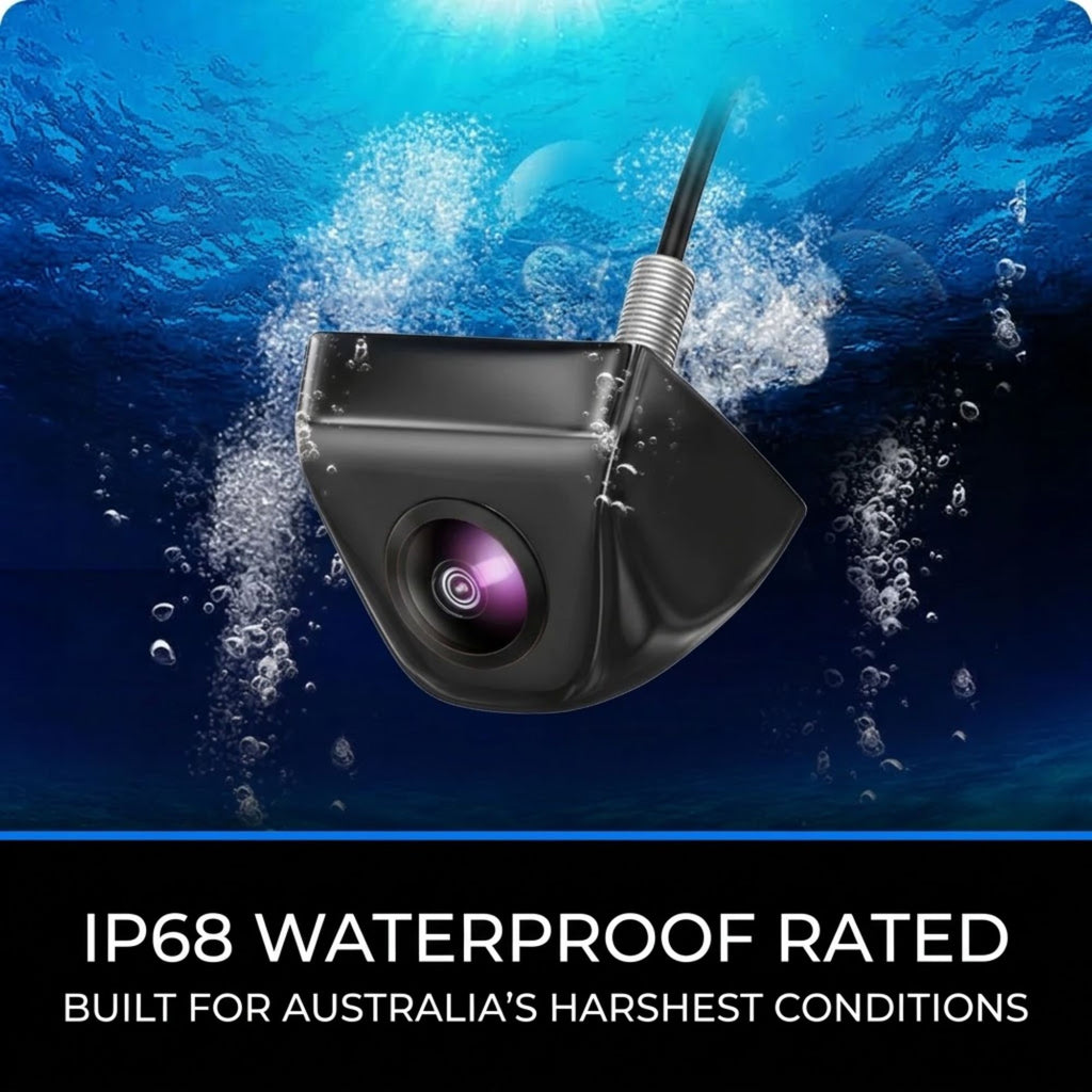 A black underwater camera or sensor with a visible lens and attached cable, shown against an underwater scene with bubbles and blue water. Text at the bottom reads 'IP68 WATERPROOF RATED' and 'BUILT FOR AUSTRALIA'S HARSHEST CONDITIONS.