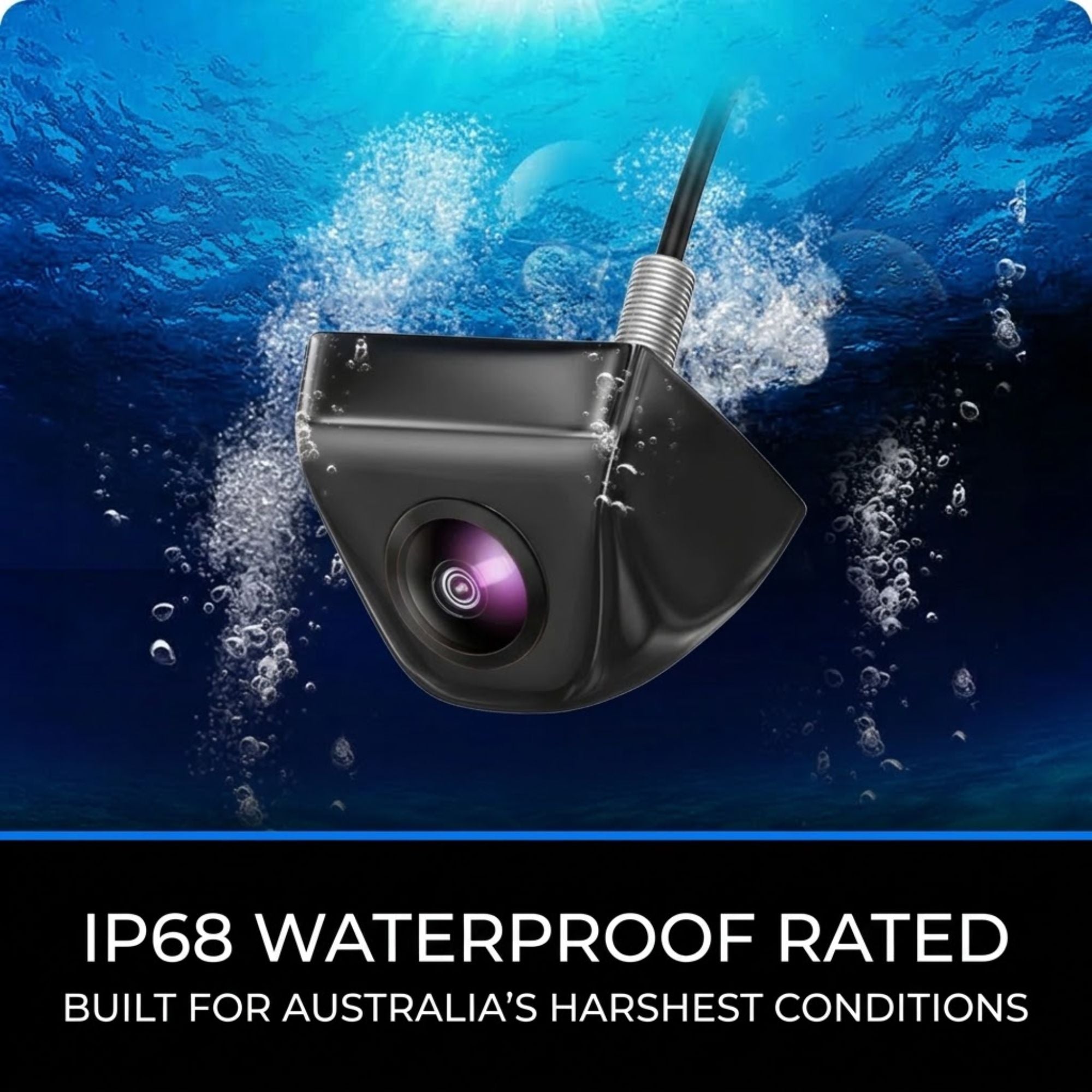 A black underwater camera or sensor with a visible lens and attached cable, shown against an underwater scene with bubbles and blue water. Text at the bottom reads 'IP68 WATERPROOF RATED' and 'BUILT FOR AUSTRALIA'S HARSHEST CONDITIONS.