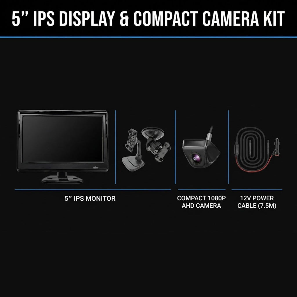 5-inch IPS display and compact camera kit shown on a black background, including a 5-inch monitor, compact AHD camera, mounting bracket, and 12V power cable.