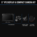 5-inch IPS display and compact camera kit shown on a black background, including a 5-inch monitor, compact AHD camera, mounting bracket, and 12V power cable.