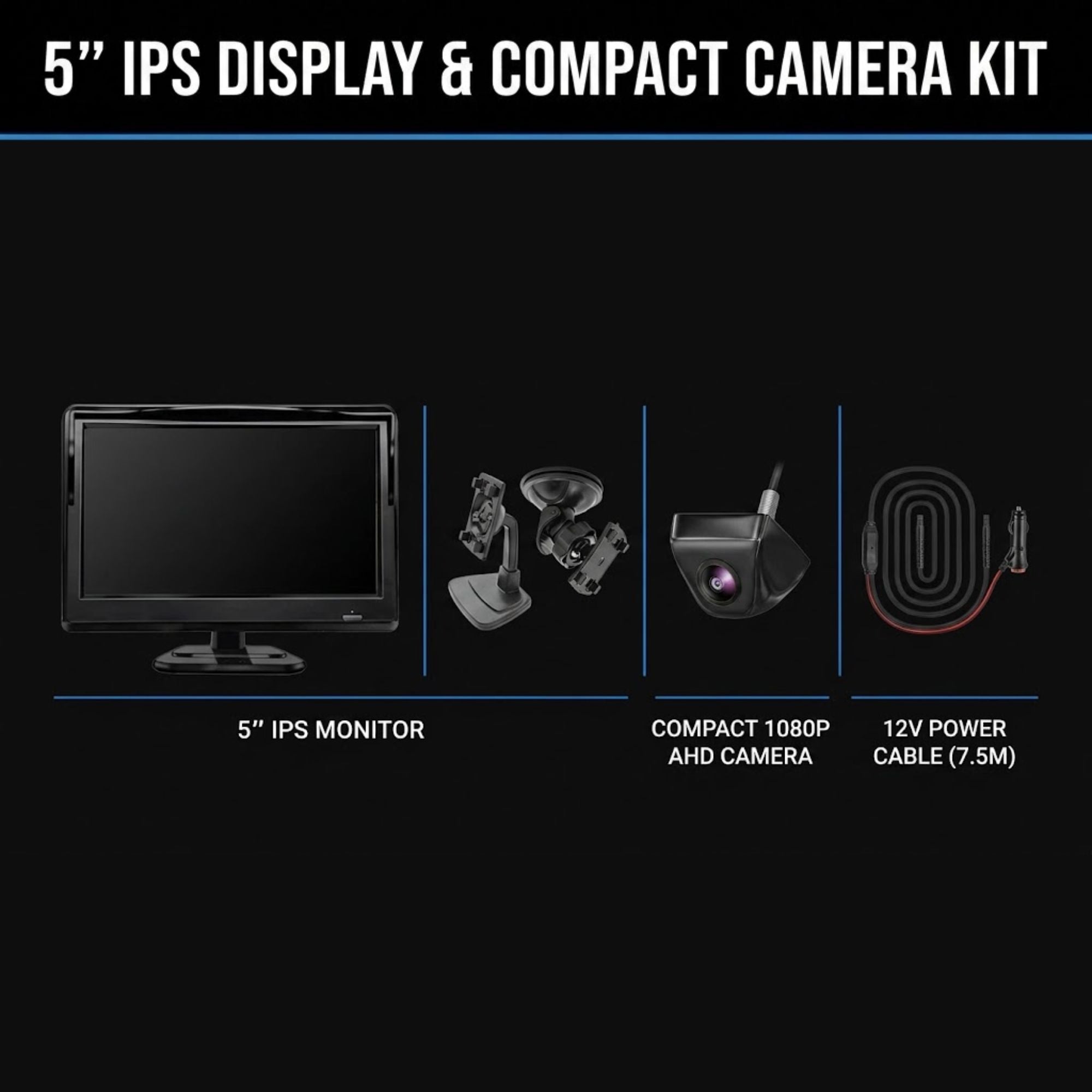 5-inch IPS display and compact camera kit shown on a black background, including a 5-inch monitor, compact AHD camera, mounting bracket, and 12V power cable.