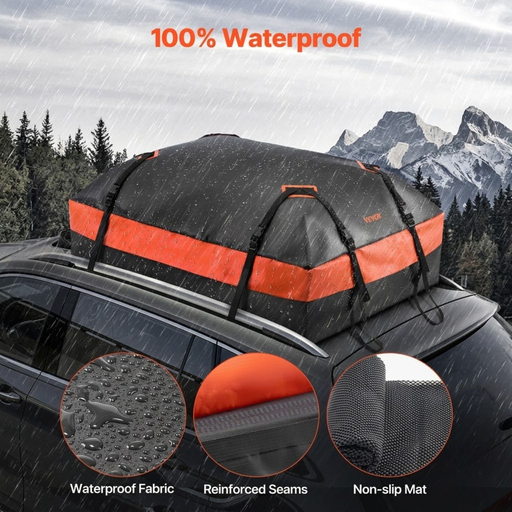 Rooftop Cargo Carrier strapped to an SUV roof in heavy rain, showing its waterproof fabric, reinforced seams and non-slip mat