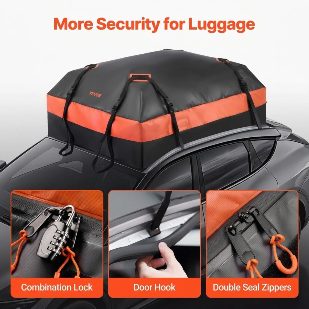 Rooftop Cargo Carrier close-ups of its combination lock, door hook anchor and double seal zippers for extra luggage security