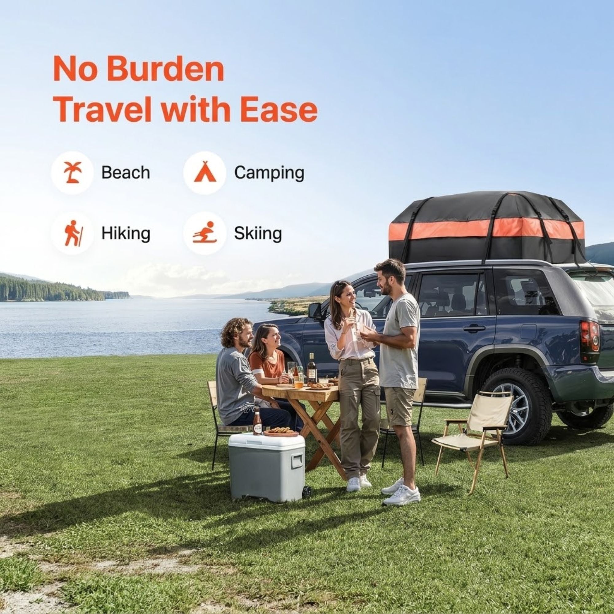 Family relaxing by their SUV with the Rooftop Cargo Carrier mounted on the roof at a lakeside camping and picnic spot