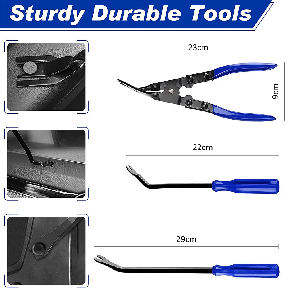 Panel clip pliers and two long door card pry bars shown with centimetre measurements alongside close-up photos removing door sill and interior trim clips.