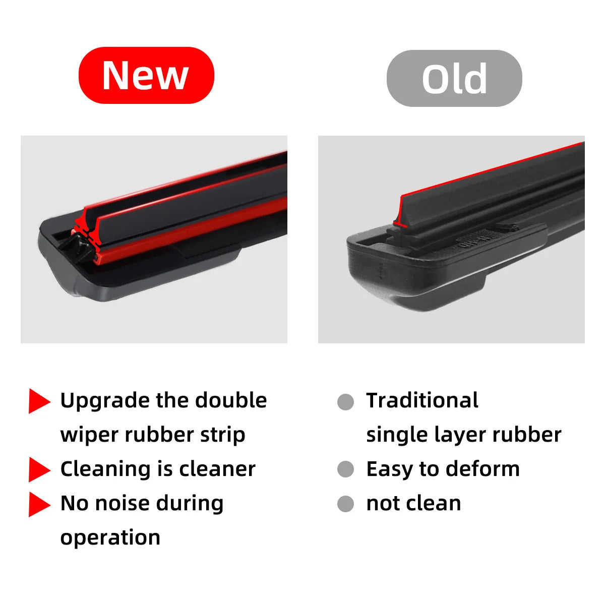 Universal Beam Windscreen Wiper Blade new double rubber strip design compared with a traditional single layer rubber blade