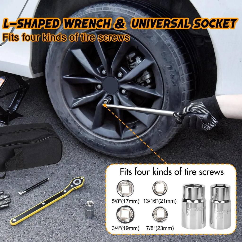 L-shaped wrench and universal socket from the Scissor Jack Emergency Kit removing a car wheel nut