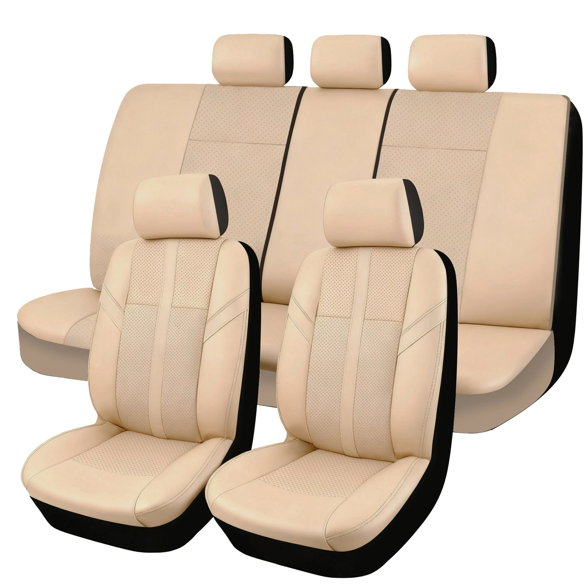 Faux Leather Seat Cover Set in beige, full set of front and rear bench seat covers with headrest covers