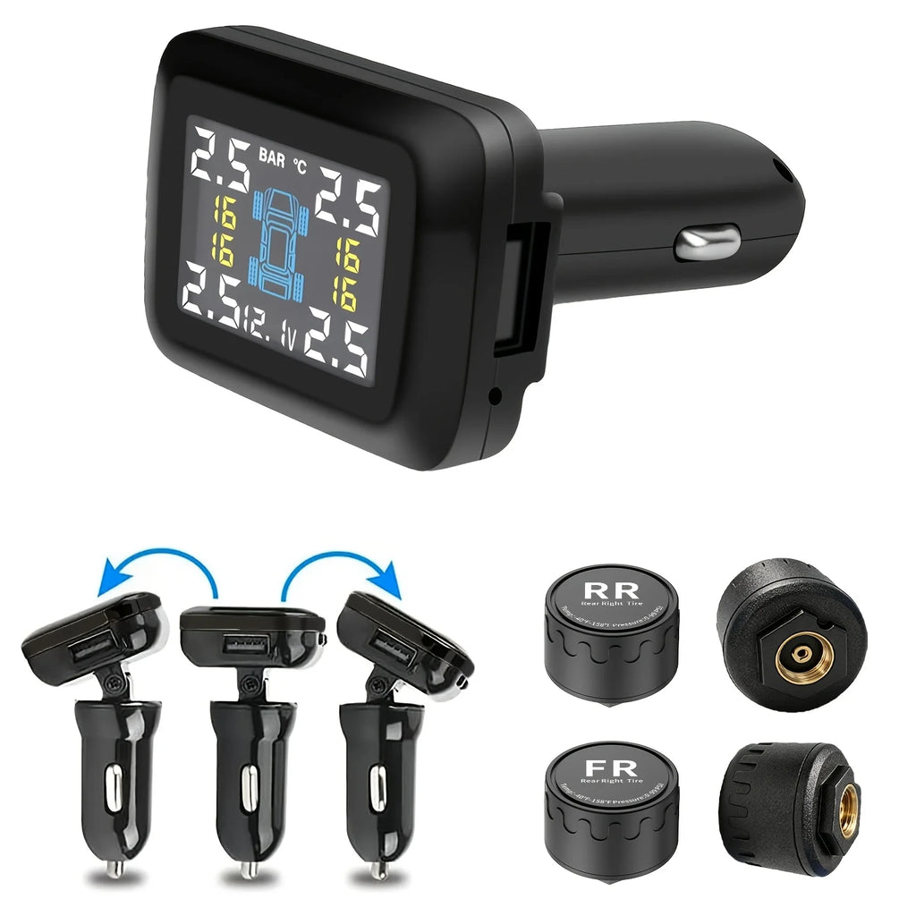 Plug-In Tyre Pressure Monitor with rotating cigarette lighter plug, USB port and four external tyre valve sensors