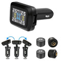 Plug-In Tyre Pressure Monitor with rotating cigarette lighter plug, USB port and four external tyre valve sensors