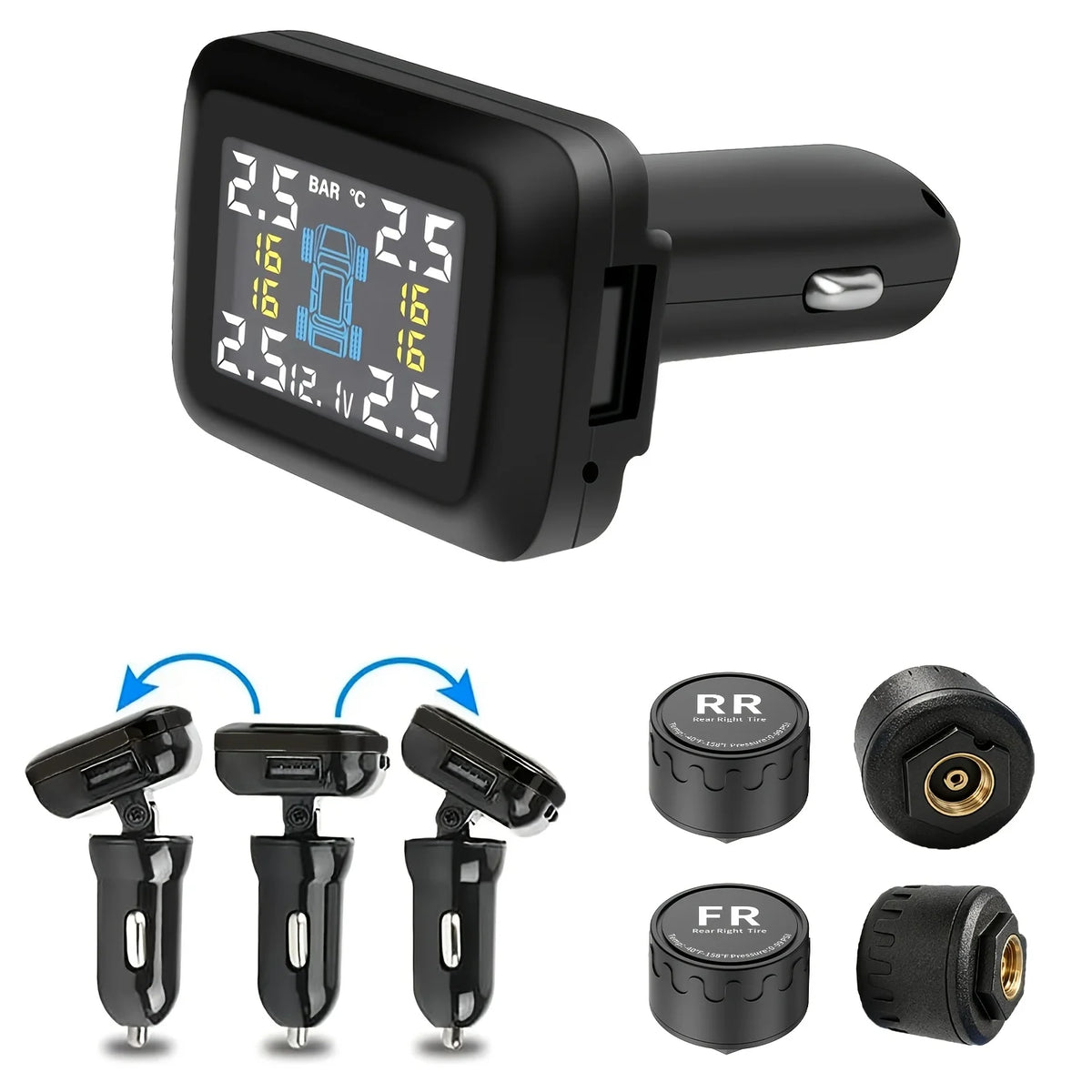 Plug-In Tyre Pressure Monitor with rotating cigarette lighter plug, USB port and four external tyre valve sensors
