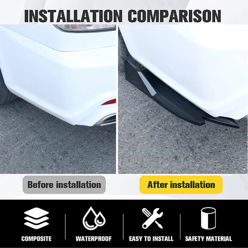 Before and after installation comparison of a white car bumper fitted with a rear bumper corner guard