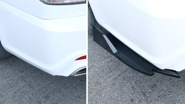 Comparison of car bumper before and after installation with text and icons indicating features.