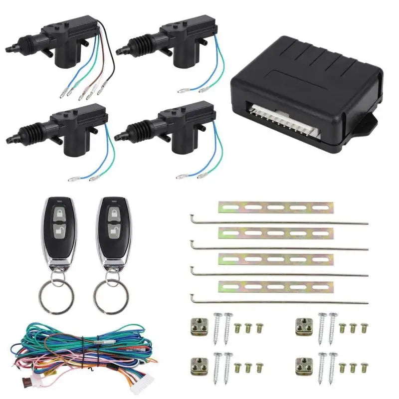 Universal Keyless Entry Kit complete parts layout with four door lock actuators, control module, two remote fobs, mounting rods and wiring harness