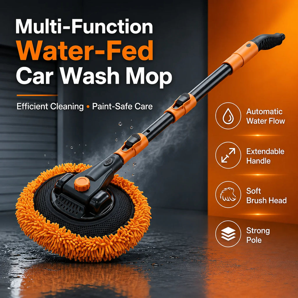 Hose-Fed Telescopic Wash Mop graphic highlighting automatic water flow, extendable handle, soft brush head and strong pole