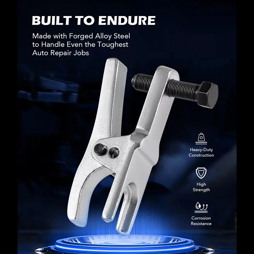 Close-up of a Front End Puller Kit forged alloy steel puller and forcing screw on a glowing blue pedestal, with heavy-duty and corrosion-resistance icons.