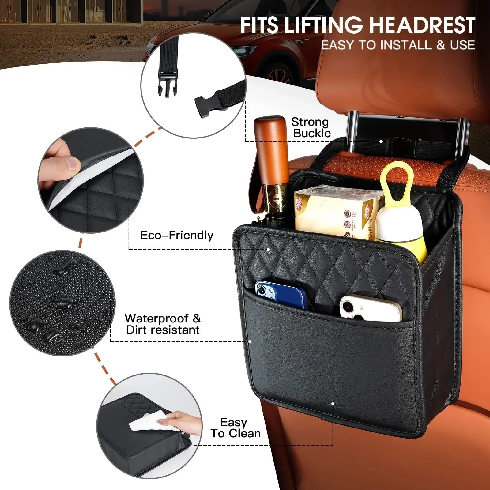 Car seat back organiser fitting a lifting headrest, shown as eco-friendly, waterproof and easy to clean