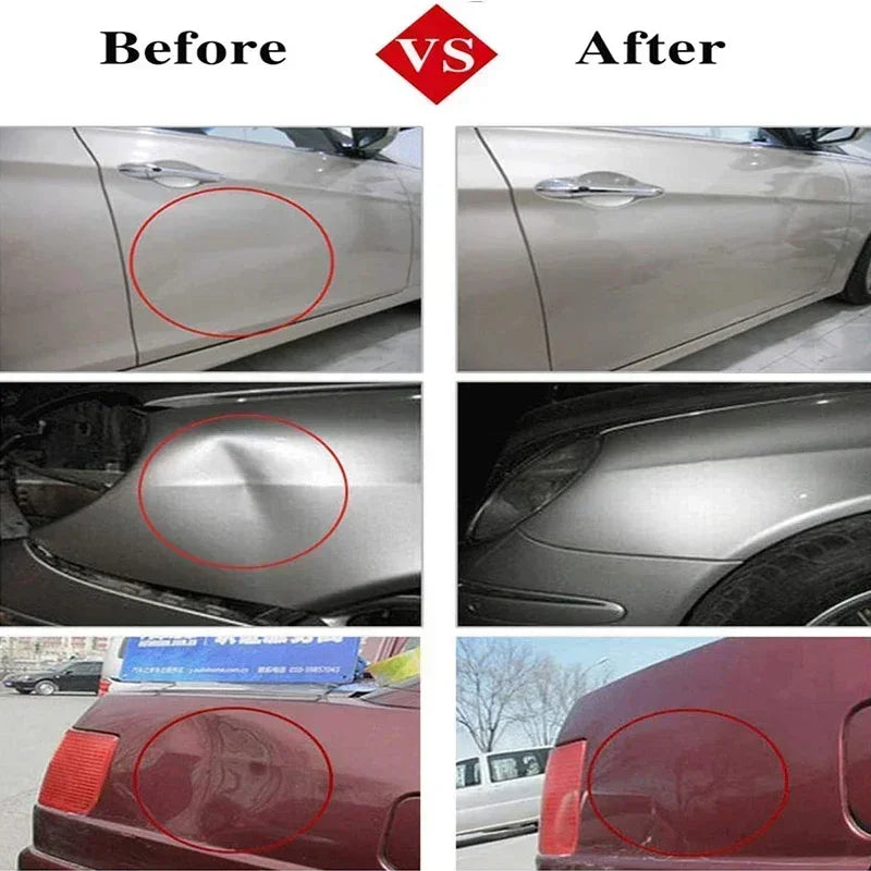 Before and after comparison showing car body dents removed using the Car Dent Repair Kit