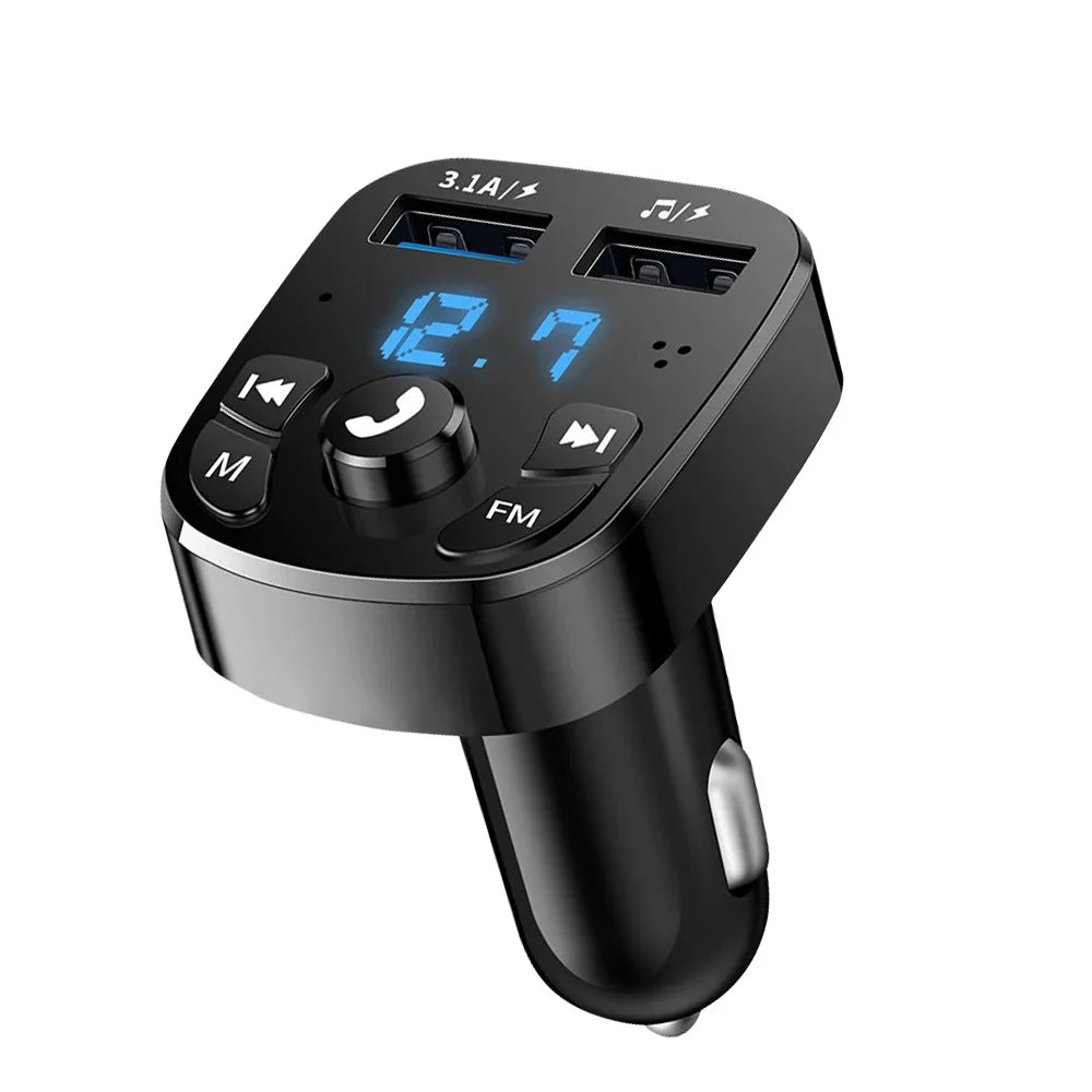 Black Bluetooth FM Transmitter car charger with blue LED voltmeter display and dual USB ports on a white background