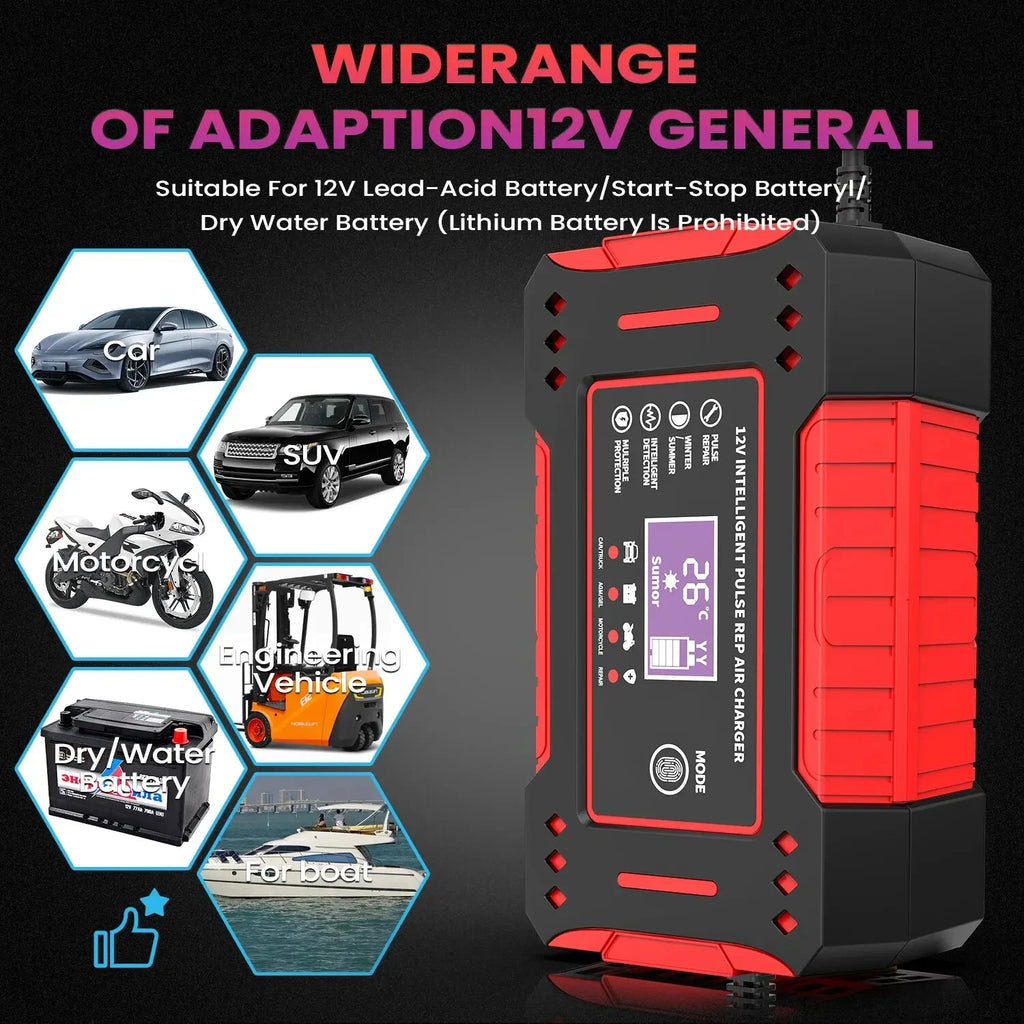 Smart battery charger with icons showing compatibility with cars, SUVs, motorcycles, engineering vehicles and boats