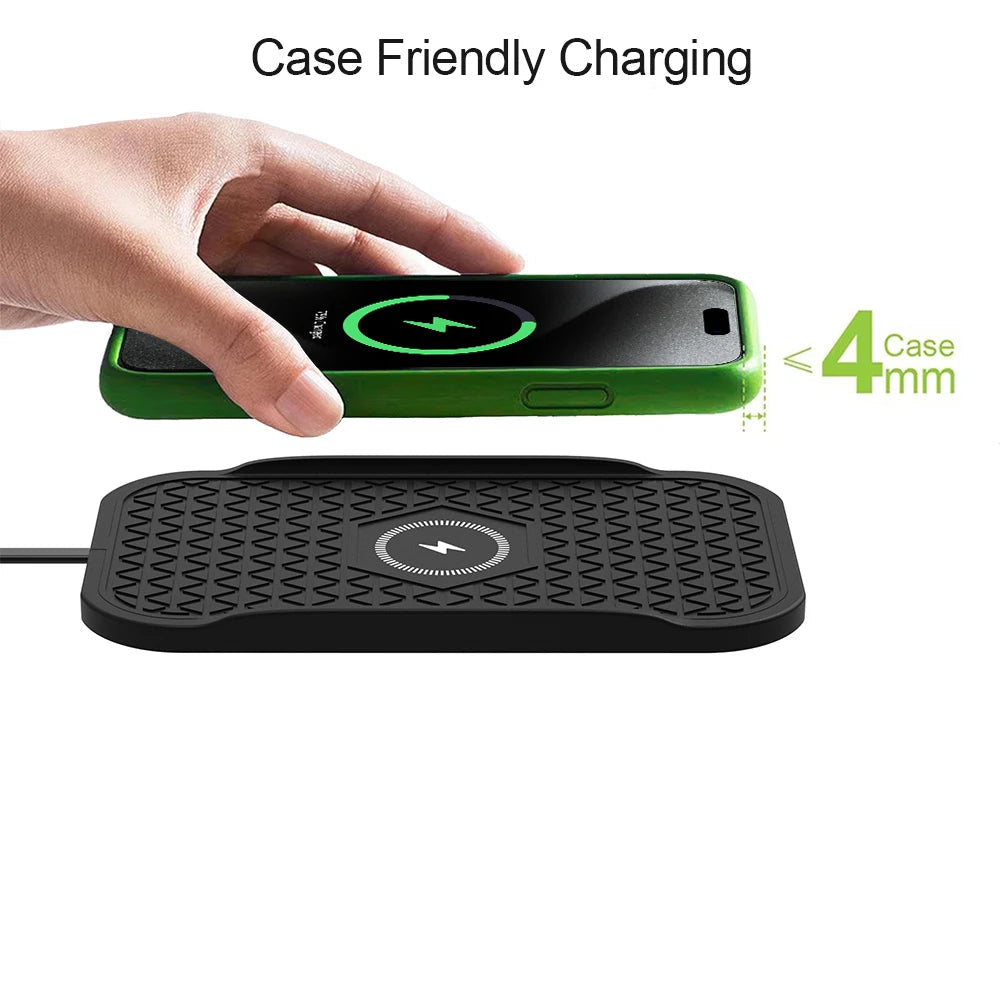 Hand placing a smartphone in a green case onto a non-slip wireless charging pad, charging through cases up to 4 mm