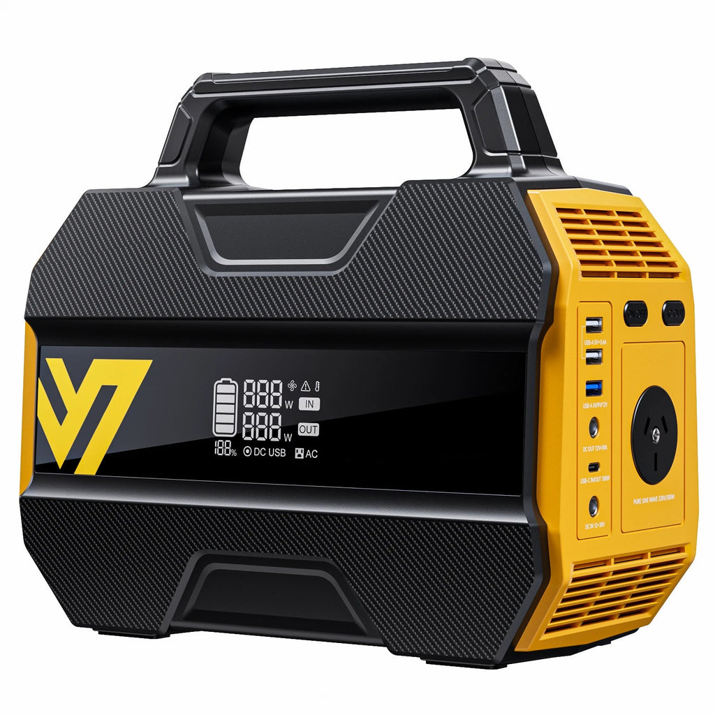Compact 230Wh Power Station in black and yellow with carry handle, LCD display, USB ports and AC outlet on a white background