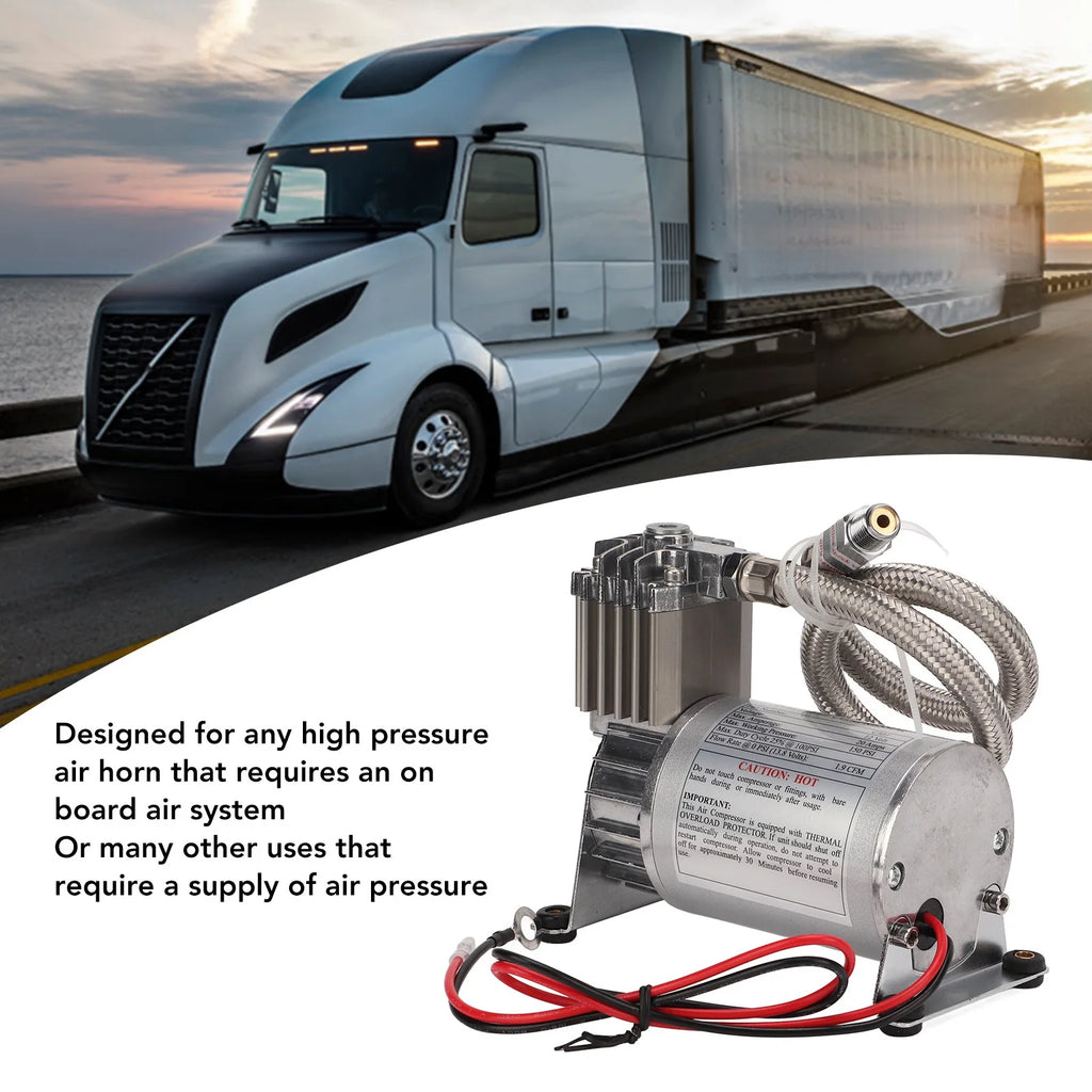 12V air compressor for semi truck air horn systems shown with highway truck background