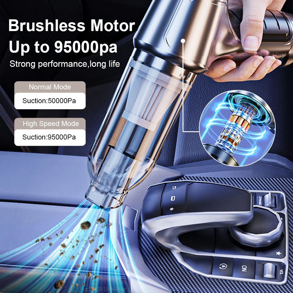 Handheld vacuum cleaner with brushless motor and suction capabilities, shown on a car interior background.