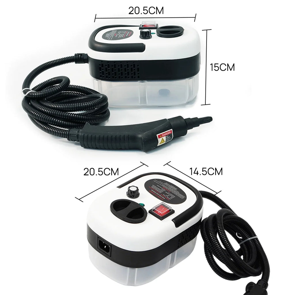 Dimension diagram of portable car steam cleaner showing 20.5cm width, 15cm height and cable lengths