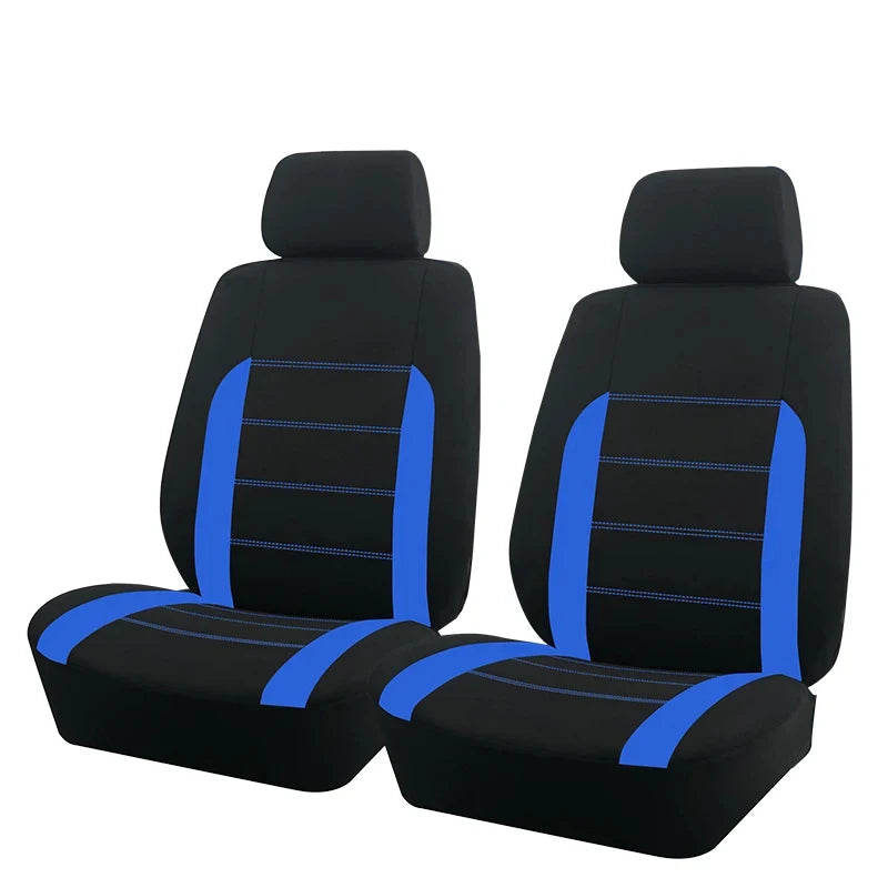 Universal Car Seat Covers in black and blue two-tone fabric fitted to a front seat pair