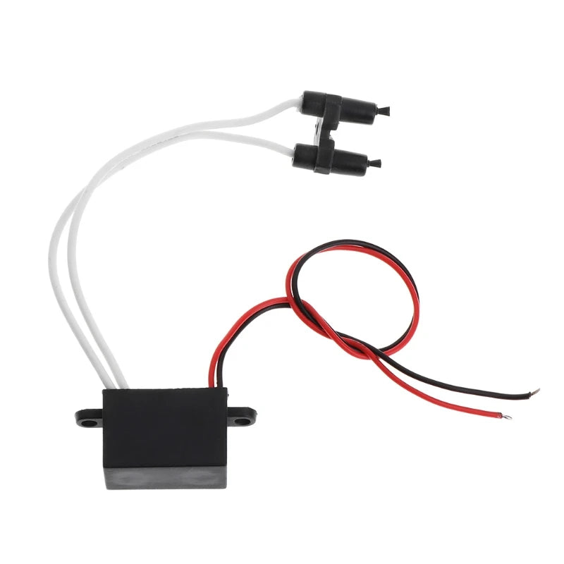 Negative ion generator module with red and black power wires and twin ceramic ionizer output terminals laid on a white background