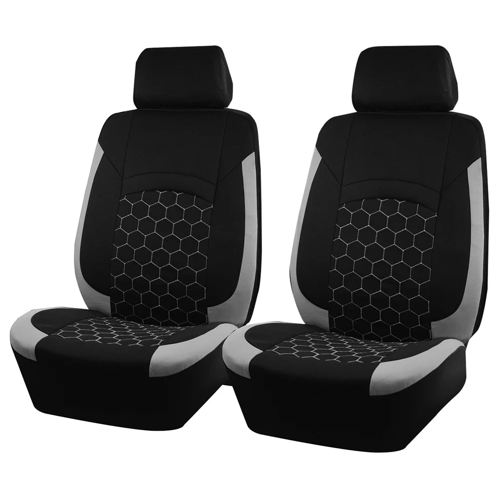 Grey and black Football Embroidery Seat Covers for a pair of front seats on a white background