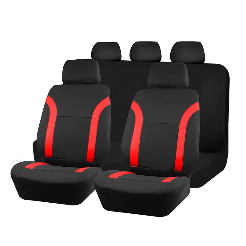 Black and red trim Breathable Mesh Seat Cover shown as complete front and rear bench seat cover set on white background
