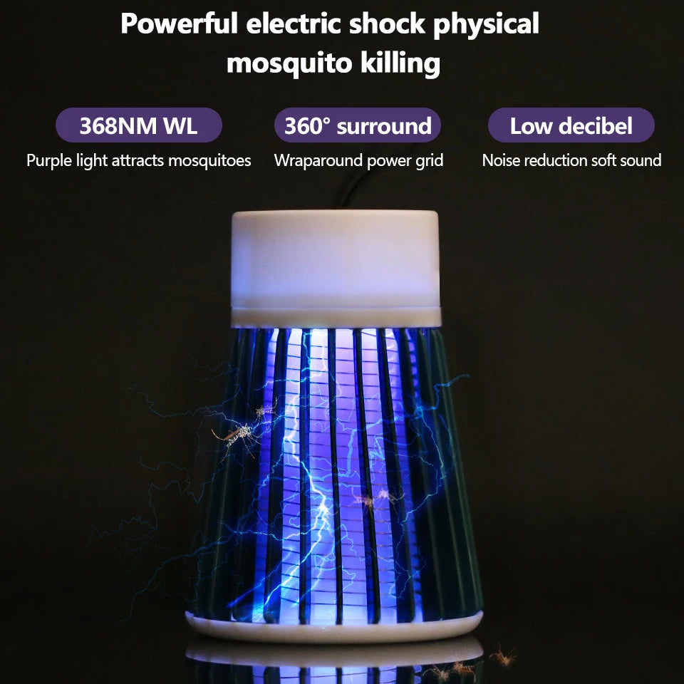 Cordless Insect Zapper emitting blue electric shock sparks at night to kill mosquitoes drawn to its UV light