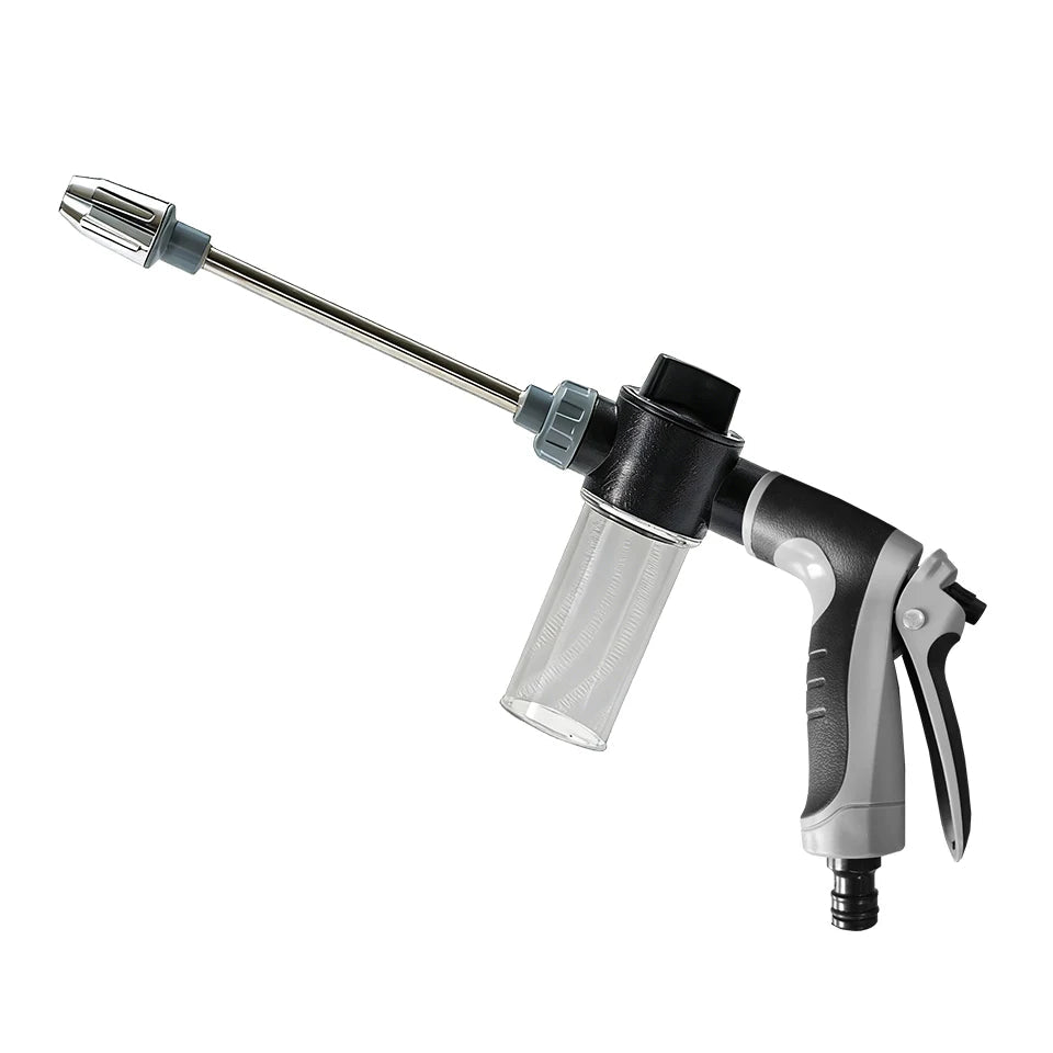 Rotating Foam Wash Gun with stainless nozzle, black and grey ergonomic grip and clear foam cannon bottle on white background