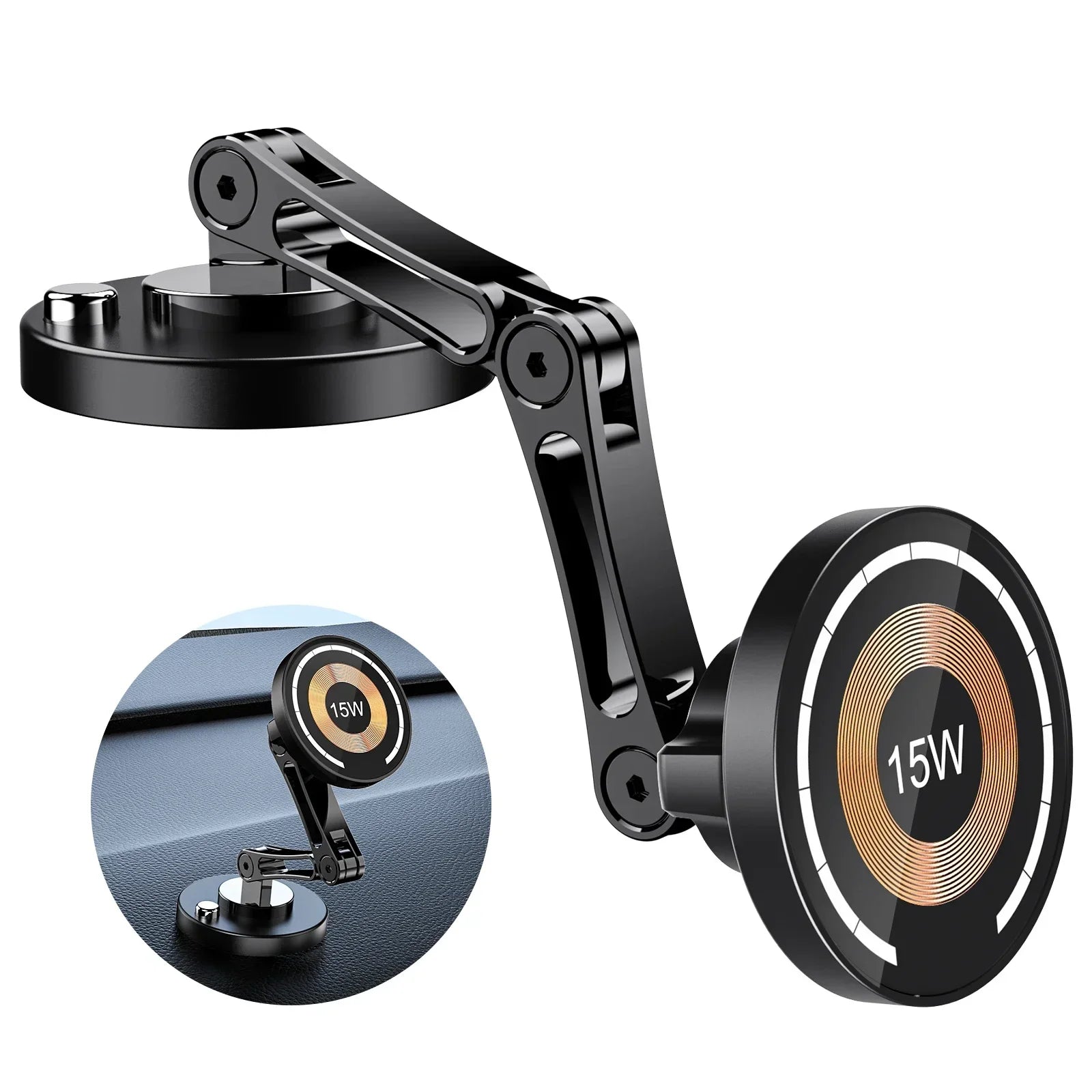 Magnetic Wireless Car Charger and its magnetic dashboard base shown separated, with an inset of it mounted in a car