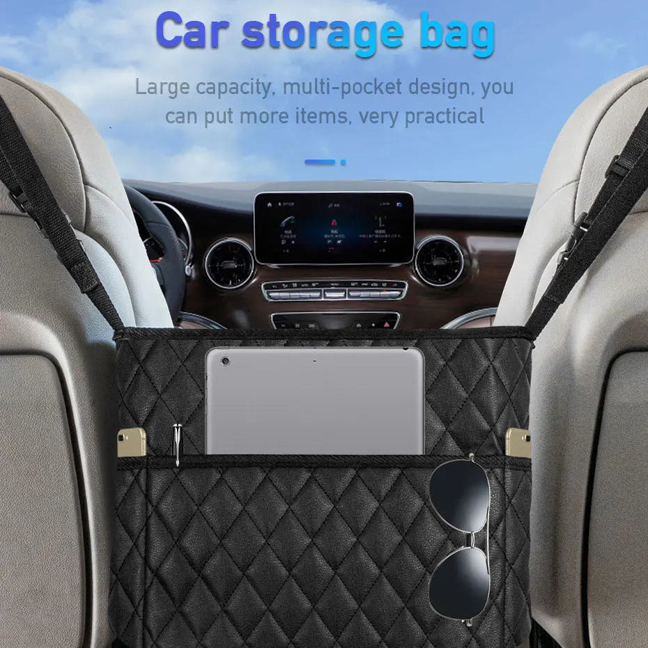Black PU leather car console organiser holding a tablet and sunglasses between premium cream leather seats