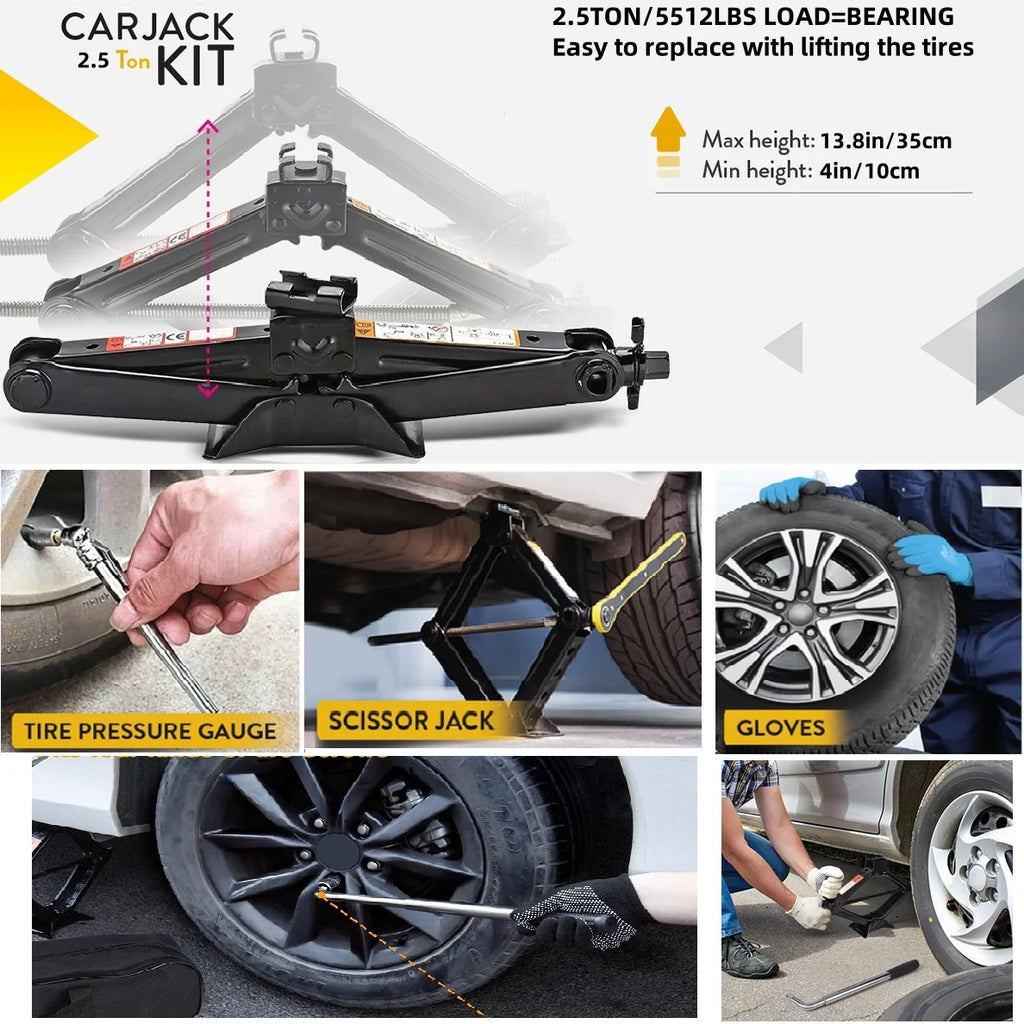 2.5 Ton Carjack Kit overview showing tyre pressure gauge, scissor jack, gloves and telescopic lug wrench in use