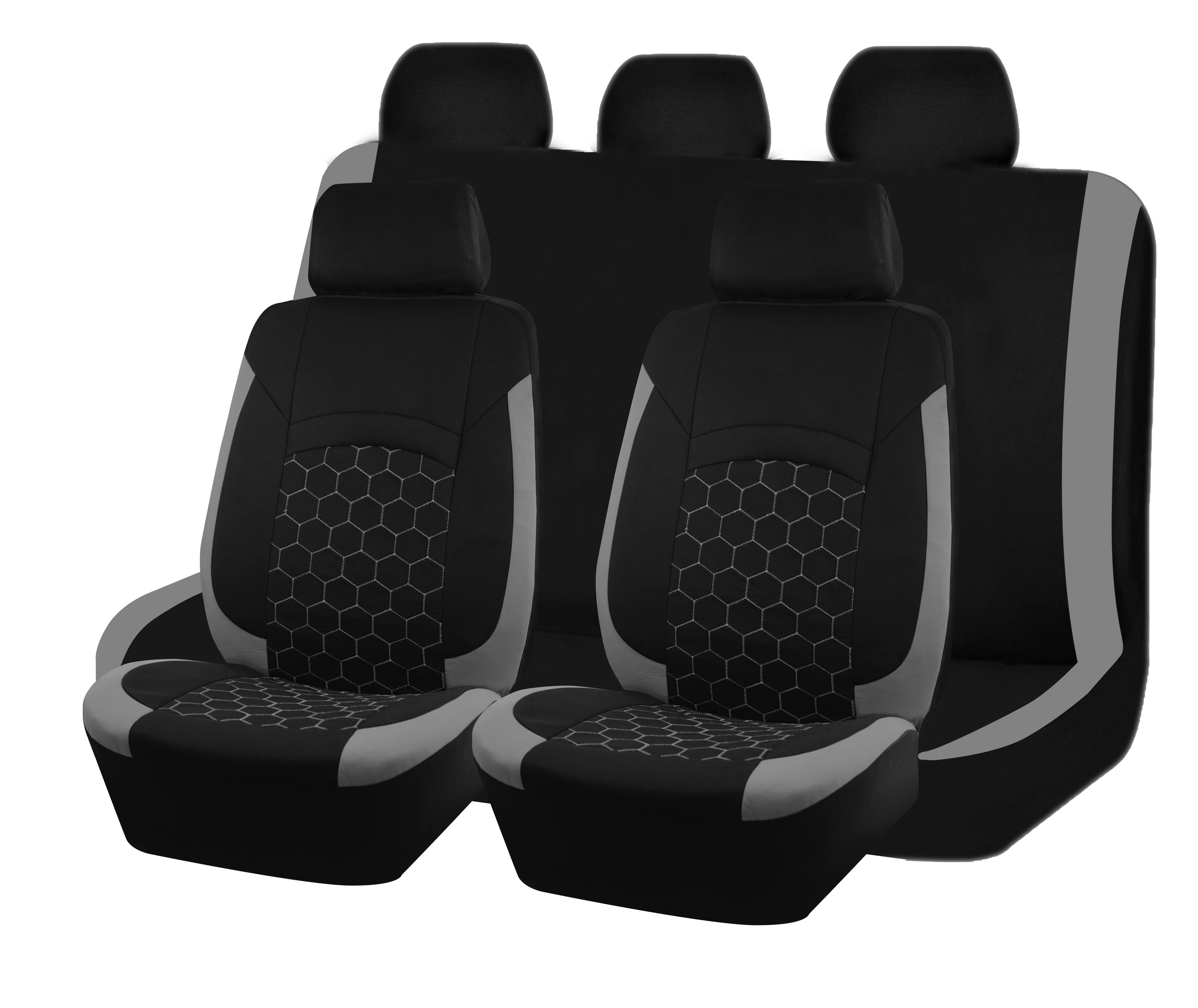 Black and grey Football Embroidery Seat Covers for a pair of front seats on a white background