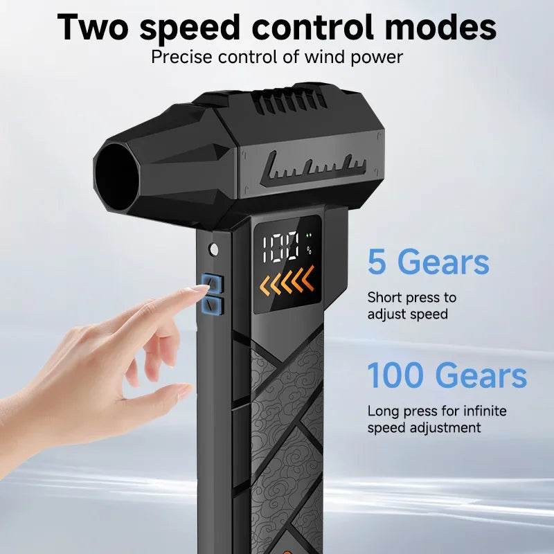 Finger pressing the speed button on the turbo jet blower jump starter with digital speed display