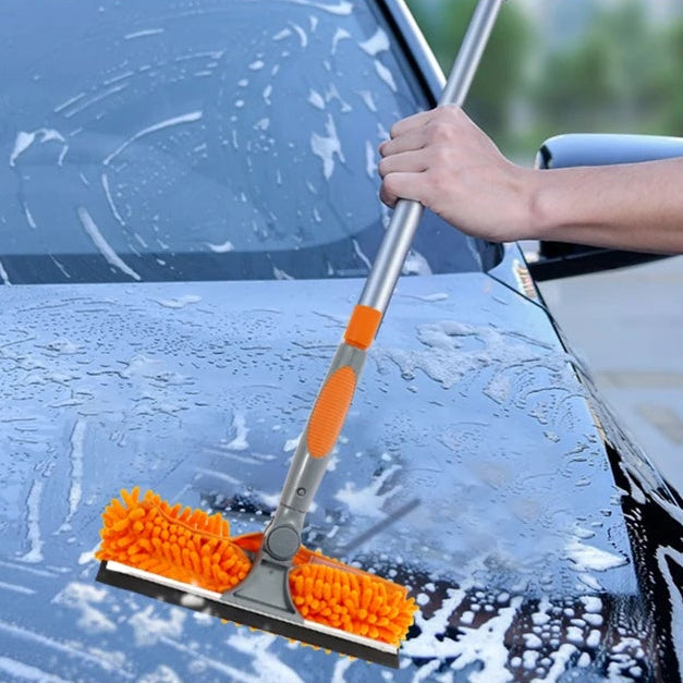 Telescopic Window Squeegee being used on a window, glass shower door, bathroom tile and car windscreen