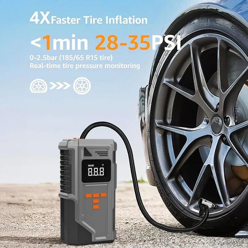 Portable 12V Tyre Inflator hose connected to a car wheel inflating a tyre to 28 to 35 PSI in under one minute