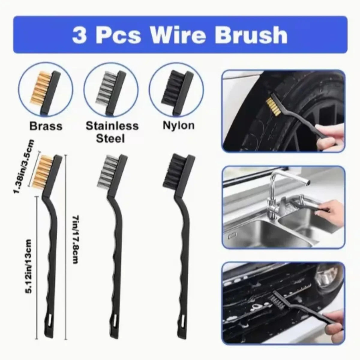 Brass, stainless steel and nylon wire brushes from the 20-Piece Car Detailing Kit cleaning a tyre and front grille
