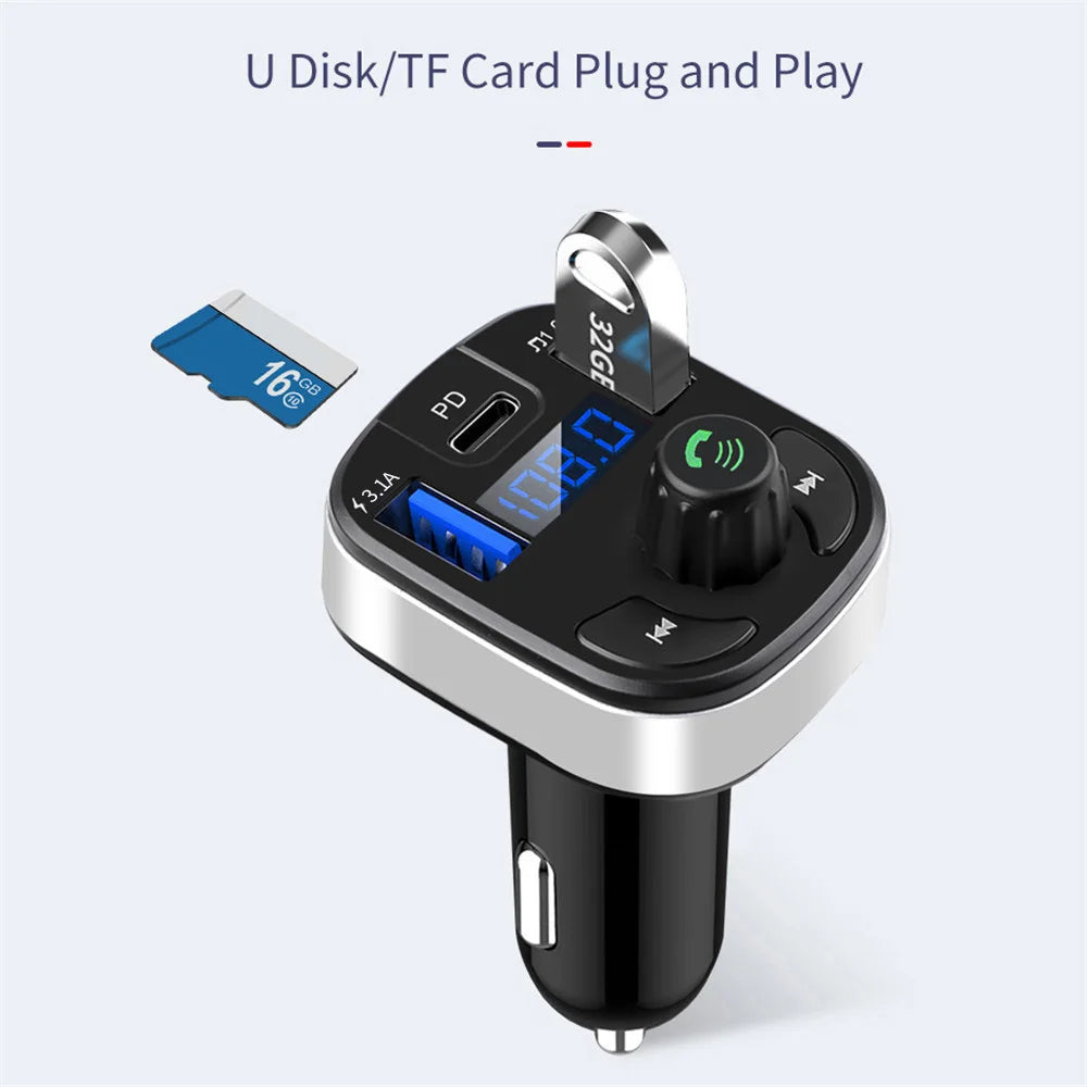 Triple-Port Bluetooth FM Transmitter with USB flash drive and microSD card for plug-and-play music playback